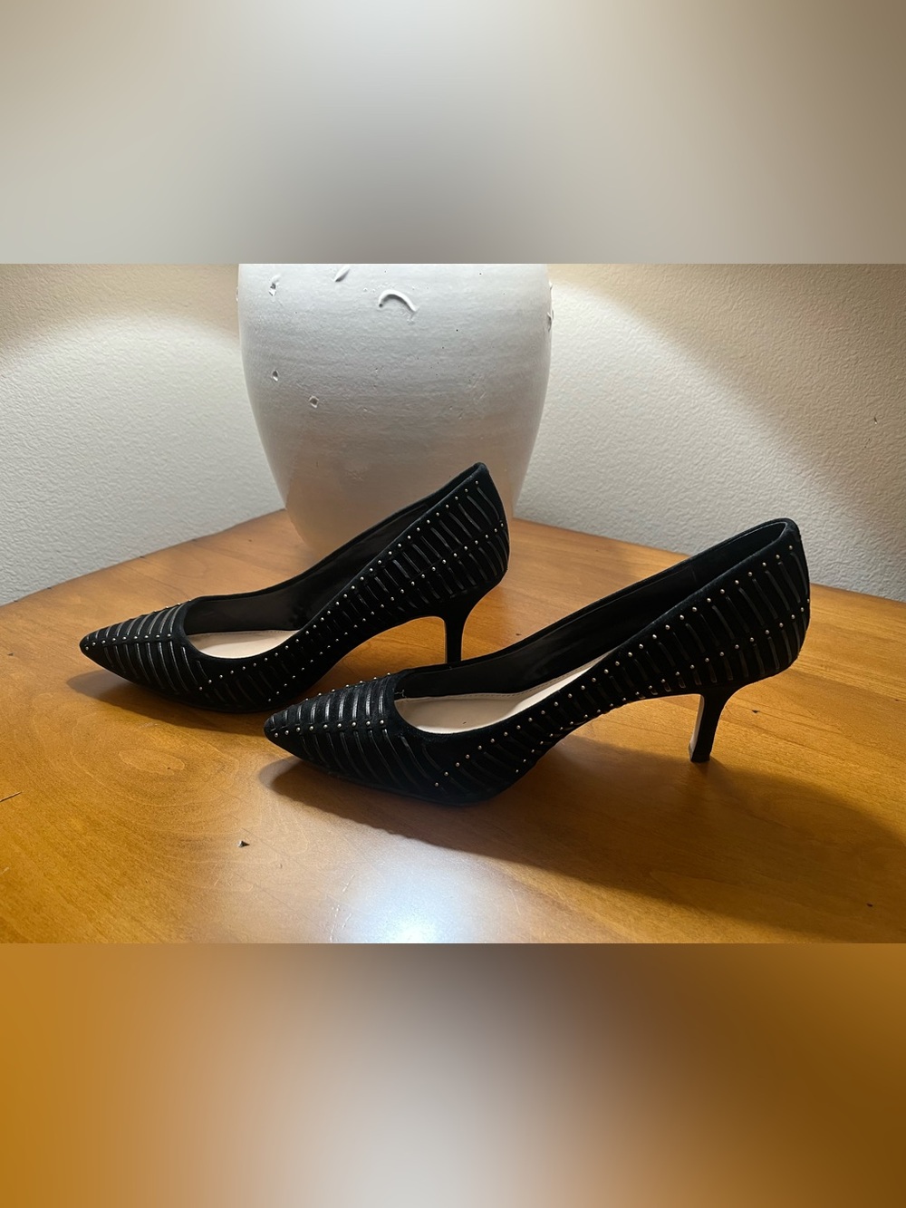 Vince Camuto Black Suede Studded Pointed-Toe 2” Heels Contemporary Edgy Chic - Picture 4 of 8